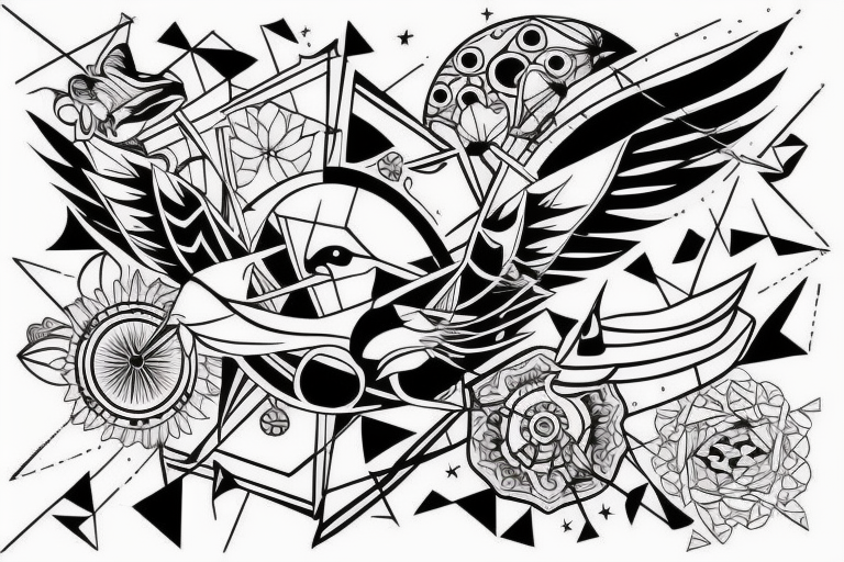 art fusion geometric style robin mid-flight, dynamic, only a little bit of red otherwise black and white tattoo idea