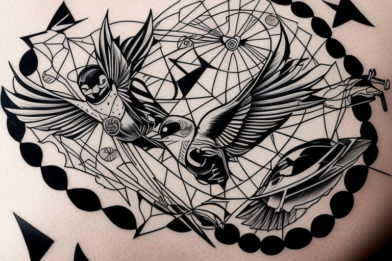 art fusion geometric style robin mid-flight, dynamic, only a little bit of red otherwise black and white tattoo idea