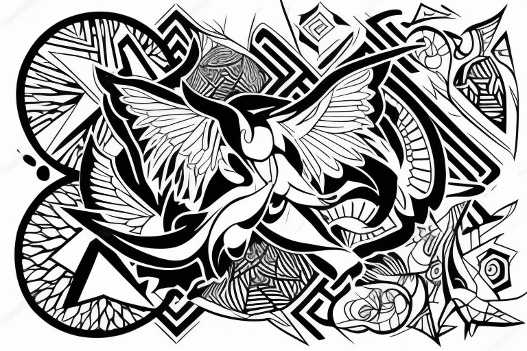 art fusion geometric style robin mid-flight, dynamic, only a little bit of red otherwise black and white tattoo idea