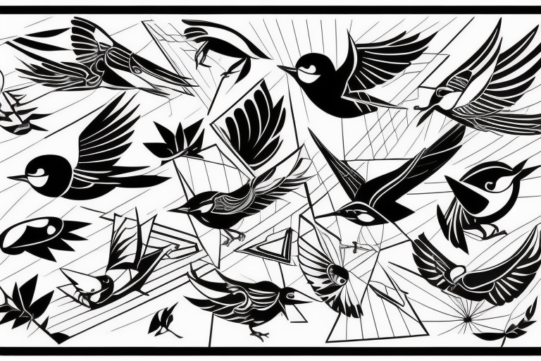 art fusion geometric style robin mid-flight, dynamic, only a little bit of red otherwise black and white tattoo idea