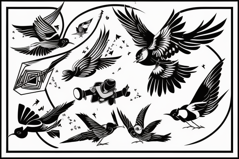 art fusion geometric style robin mid-flight, dynamic, only a little bit of red otherwise black and white tattoo idea