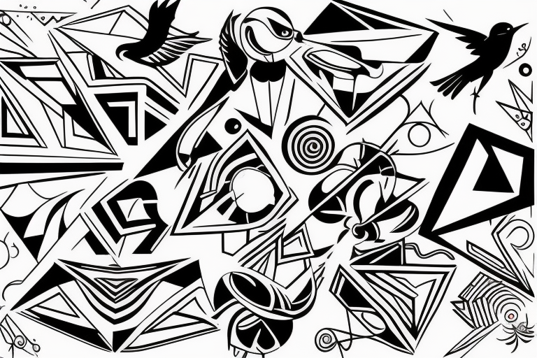 art fusion geometric style robin mid-flight, dynamic, only a little bit of red otherwise black and white tattoo idea