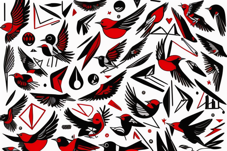 geometric abstract style robin bird mid-flight with spread wings, dynamic, small amount of red accent tattoo idea