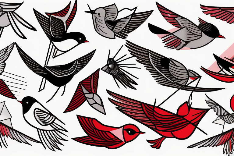 geometric abstract style robin bird mid-flight with spread wings, dynamic, small amount of red accent tattoo idea