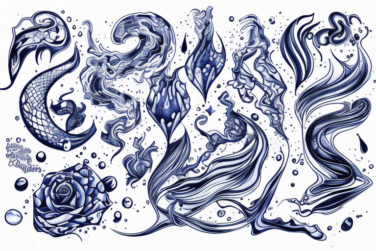 sketch of a tattoo on a girl's leg, bubbling water, power, majesty and incessant movement, development, flow, use all shades of blue and black, elongated shape tattoo tattoo idea