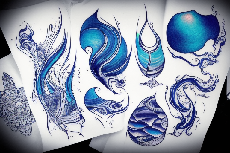 sketch of a tattoo on a girl's leg, bubbling water, power, majesty and incessant movement, development, flow, use all shades of blue and black, elongated shape tattoo tattoo idea