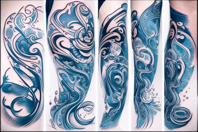 sketch of a tattoo on the girl's leg on the thigh, bubbling water, power, majesty and incessant motion, development, flow, use all shades of blue and black, elongated shape tattoo tattoo idea