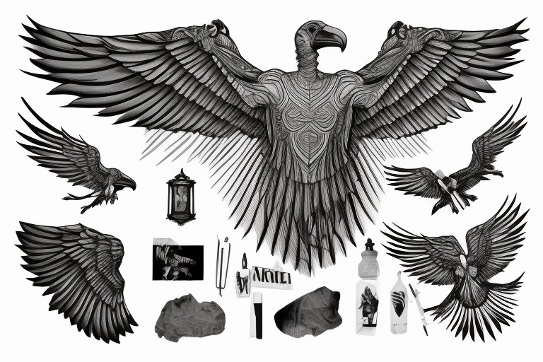 A statue of David with body fused into a vulture with squared off wings, line line, greyscale tattoo idea