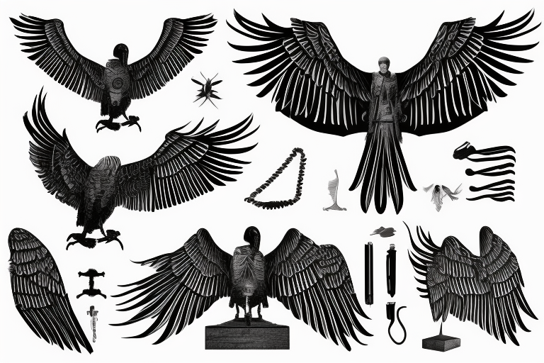 A statue of David with body fused into a vulture with squared off wings, fine line, greyscale for forearm tattoo idea