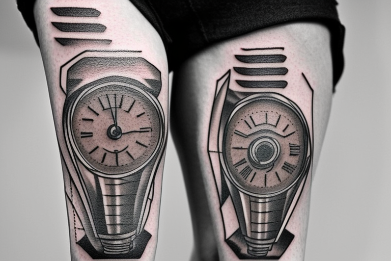 mechanical step counter with rectangular dial. tattoo on the leg, on the calf, from below there is a transmission shaft to the counter mechanism tattoo idea