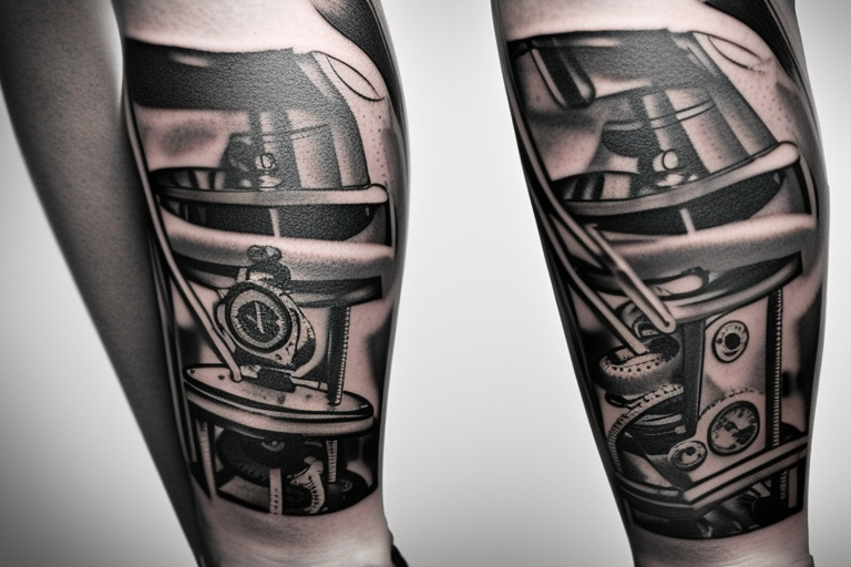 mechanical step counter with rectangular dial. tattoo on the leg, on the calf, from below there is a transmission shaft to the counter mechanism tattoo idea