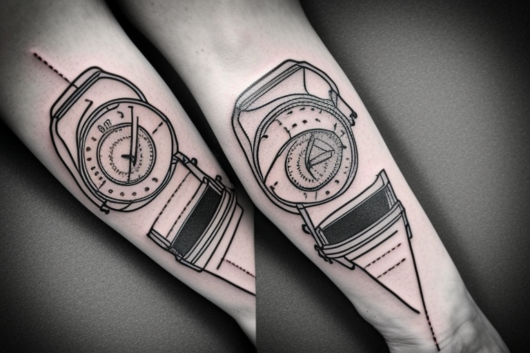 mechanical step counter with rectangular dial. tattoo on the leg, on the calf, from below there is a transmission shaft to the counter mechanism tattoo idea