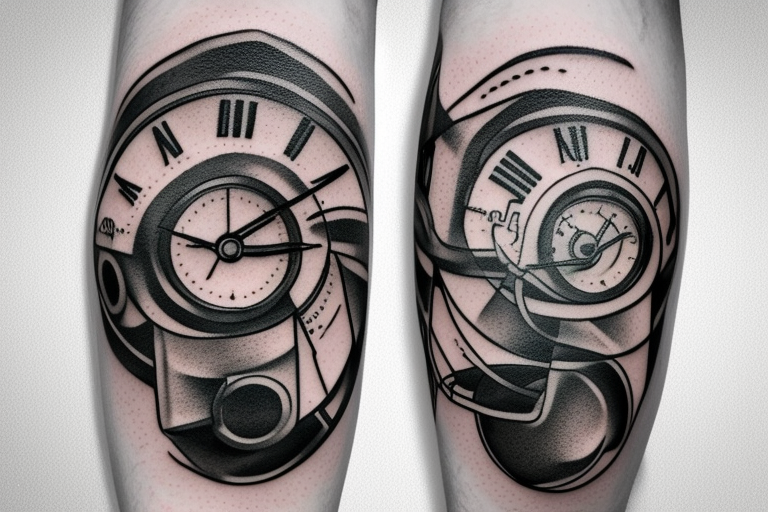 mechanical step counter with rectangular dial. tattoo on the leg, on the calf, from below there is a transmission shaft to the counter mechanism tattoo idea