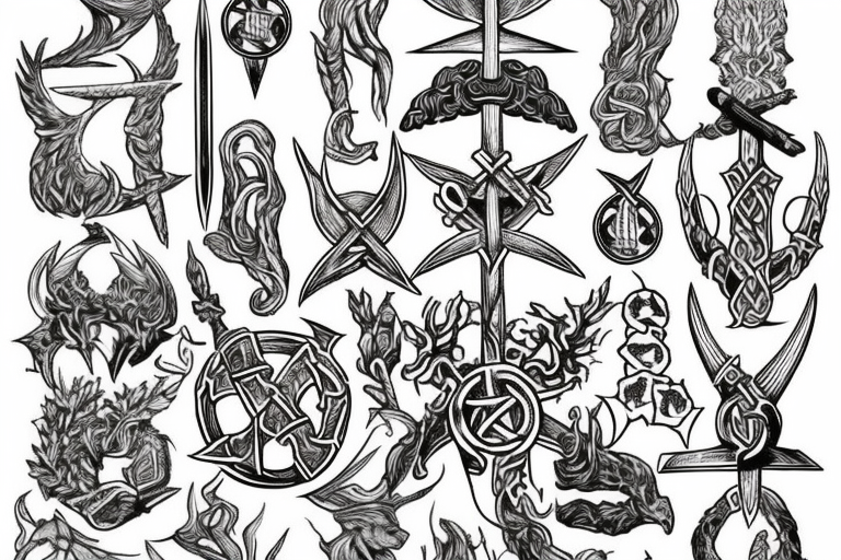 Erstelle ein noch nicht existierendes tattoo der nordischen Mythologie, darin sollen enthalten sein: Thors Hammer, gungnir, Aegishjalmur, wurd, vegvisir und yggdrasil tattoo idea