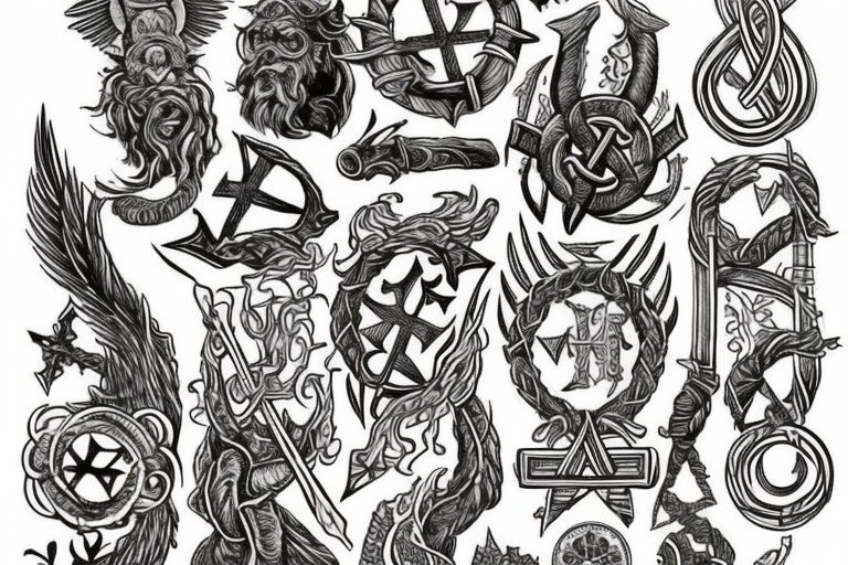 Erstelle ein noch nicht existierendes tattoo der nordischen Mythologie, darin sollen enthalten sein: Thors Hammer, gungnir, Aegishjalmur, wurd, vegvisir und yggdrasil tattoo idea