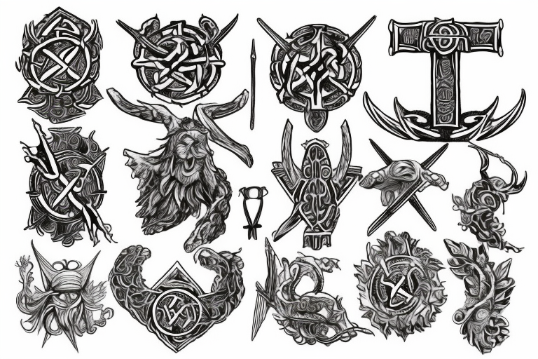 Erstelle ein noch nicht existierendes tattoo der nordischen Mythologie, darin sollen enthalten sein: Thors Hammer, gungnir, Aegishjalmur, wurd, vegvisir und yggdrasil tattoo idea