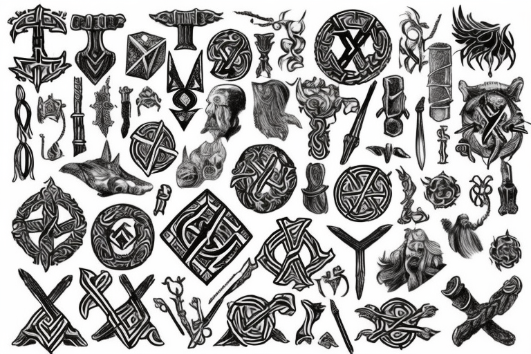 Erstelle ein noch nicht existierendes tattoo der nordischen Mythologie, darin sollen enthalten sein: Thors Hammer, gungnir, Aegishjalmur, wurd, vegvisir und yggdrasil tattoo idea