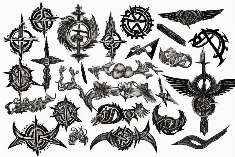 Erstelle ein noch nicht existierendes wadentattoo der nordischen Mythologie, darin sollen enthalten sein: nordische Runen, Thors Hammer, gungnir, Aegishjalmur, wurd, vegvisir und yggdrasil tattoo idea