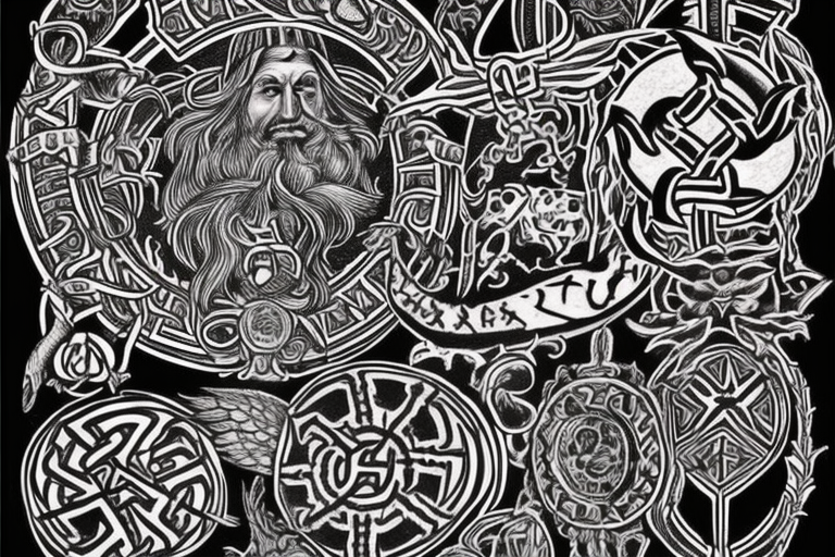 Erstelle ein noch nicht existierendes wadentattoo der nordischen Mythologie, darin sollen enthalten sein: nordische Runen, Thors Hammer, gungnir, Aegishjalmur, wurd, vegvisir und yggdrasil tattoo idea