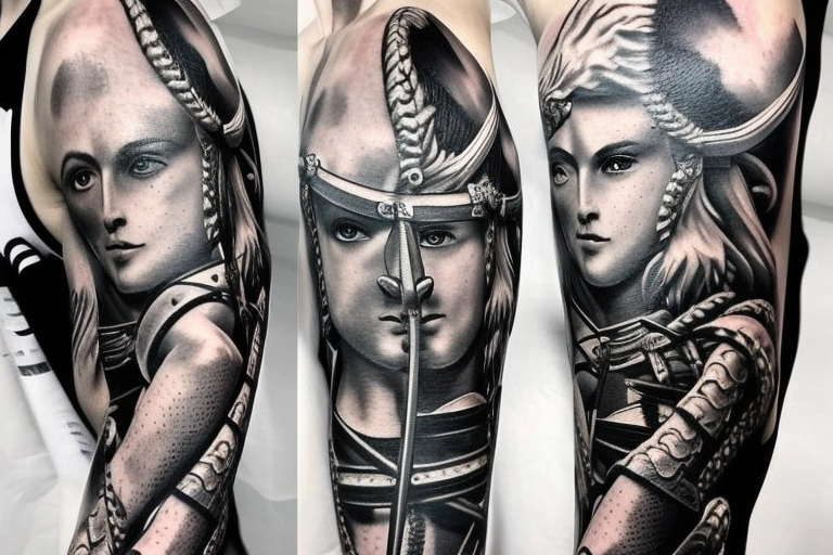 achilles Trojan solider god holding the leesh of two dragons, one is doped up the other is unchained breathing fire take time increase all detail for arm sleeve tattoo idea