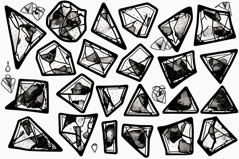 Broken Glas pieces with rough edges and melting flowing metal which burns of the heat, which looks like honey. Also triangles and circles tattoo idea