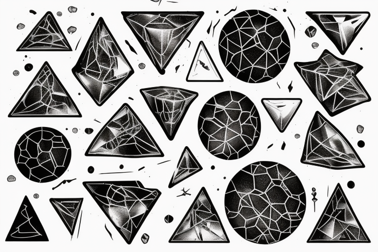 Broken Glas pieces with rough edges and melting flowing metal which burns of the heat, which looks like honey. Also triangles and circles tattoo idea