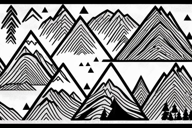 Line drawing of Snow capped Mountains and pine trees, not abstract, small. Make the mountains bigger than the trees, 3 mountain peaks and 5 trees tattoo idea