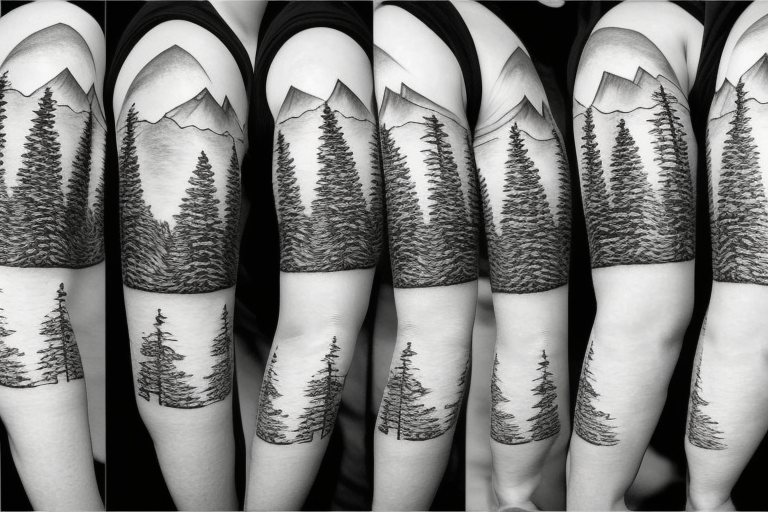 Line drawing of Snow capped Mountains and pine trees, not abstract, small. Make the mountains bigger than the trees, 3 mountain peaks and 5 trees tattoo idea