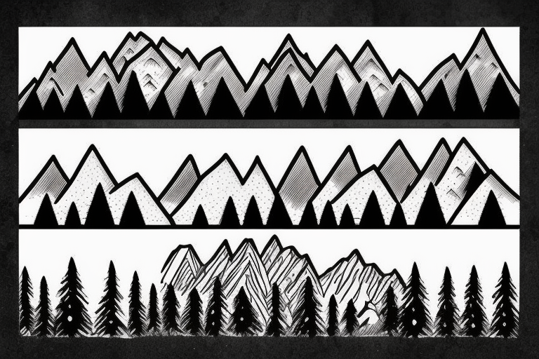 Line drawing of Snow capped Mountains and pine trees, small. Make the mountains bigger than the trees, 3 mountain peaks and 5 trees tattoo idea