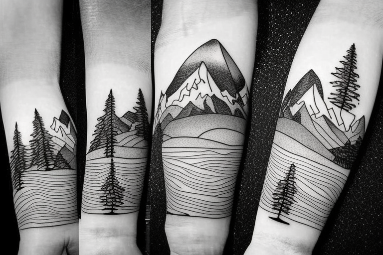 Line drawing of Snow capped Mountains and pine trees, small. Make the mountains bigger than the trees, 3 mountain peaks and 5 trees tattoo idea