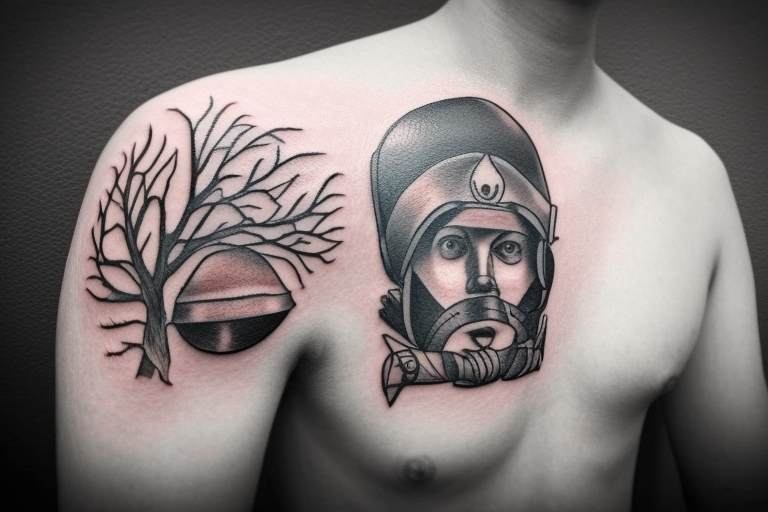 ein soldat mit schutzmaske im hintergrund ein toter baum und eine Staubwolke im himmel sollte man einen Planet sehen der gerade zerbricht alles ser düster gezeichnet und realistisch tattoo idea