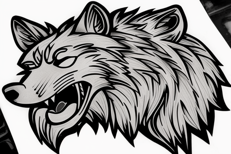 Wolf head seen from the side, cool young, cartoon style... hairy... within a badge... wolf brotherhood tottem tattoo idea