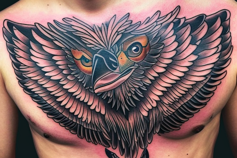 chest tattoo. an eagle with spread wings and with a formidable wise look. Wings and paws are visible. bright eyes. tattoo idea