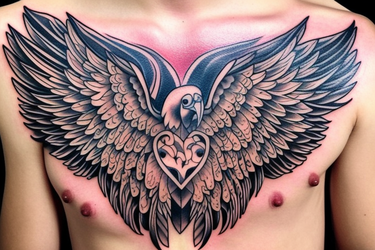 chest tattoo. an eagle with spread wings and with a formidable wise look. Wings and paws are visible. bright eyes. tattoo idea