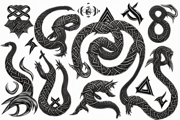 Osberg style Norse rune stone carving of the sea serpent jormungandr warring with thor tattoo idea