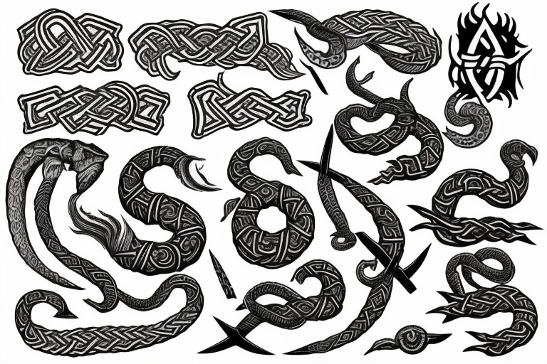 Osberg style Norse rune stone carving of the sea serpent jormungandr warring with thor tattoo idea