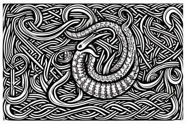 Stave Church in Urnes Archaic Viking style carving of sea serpent head jormungandr/ Rune Stone etching made into an arm sleeve tattoo idea