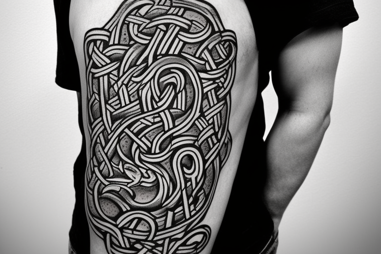 Stave Church in Urnes Archaic Viking style carving of sea serpent head jormungandr/ Rune Stone etching made into an arm sleeve tattoo idea