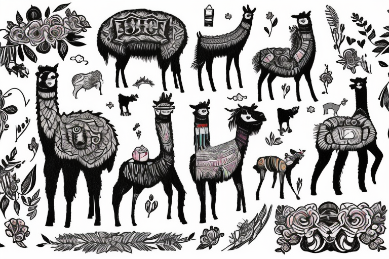 A vibrant valley featuring a full sized Llama with a Celebrity of your choice riding on it's back tattoo idea