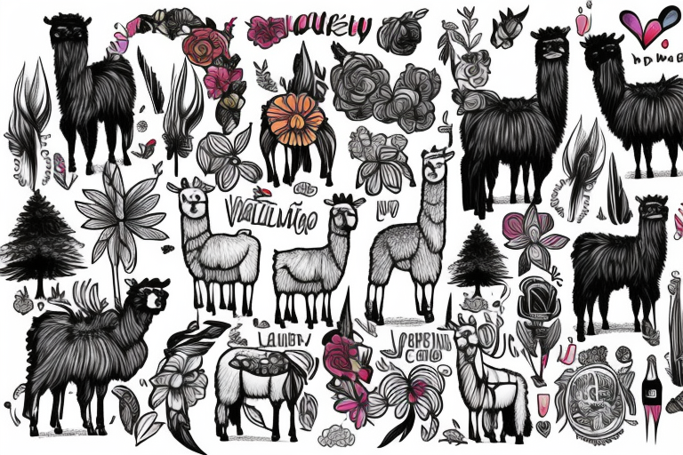 A vibrant valley featuring a full sized Llama with a Celebrity of your choice riding on it's back tattoo idea