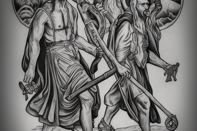 a tall men full body carring a shepherds staff carried like a pastor, as realistic as possible tattoo idea