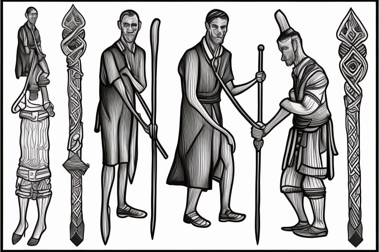 a tall man full body carrying a shepherd's staff carried like a pastor, as realistic as possible, thin lines. tattoo idea