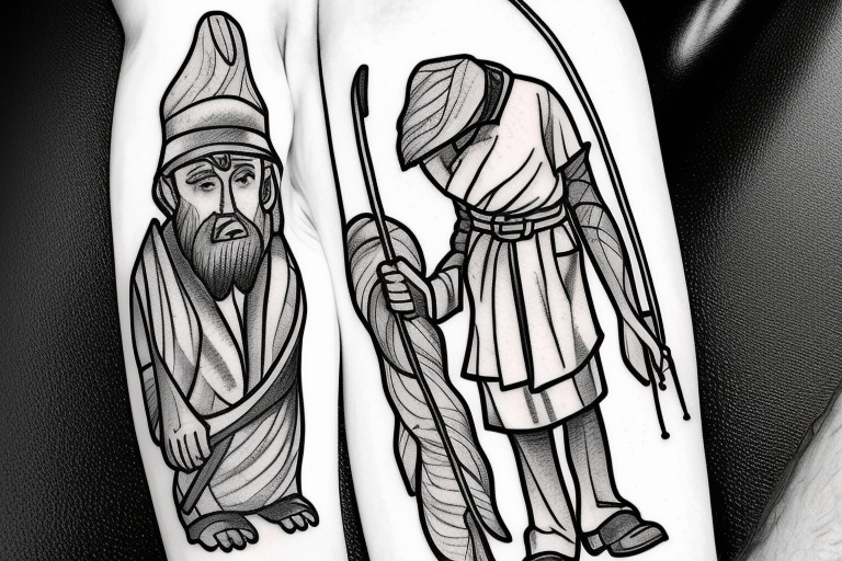 a tall man full body carrying a shepherd's staff carried like a pastor, as realistic as possible, thin lines. tattoo idea