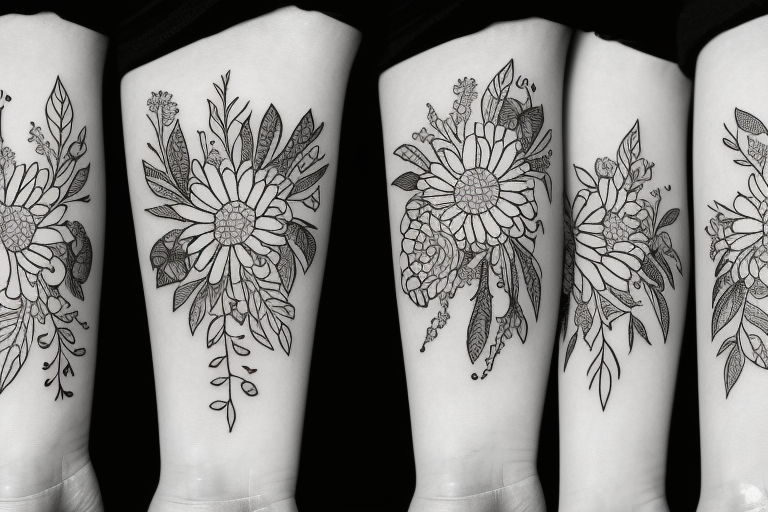 Flower bouquet with March, April, November, and December Birth flower tattoo idea