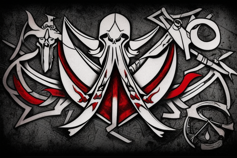 an assassin's creed pirate flag has a crest in the middle that has horns,scythes and spears tattoo idea