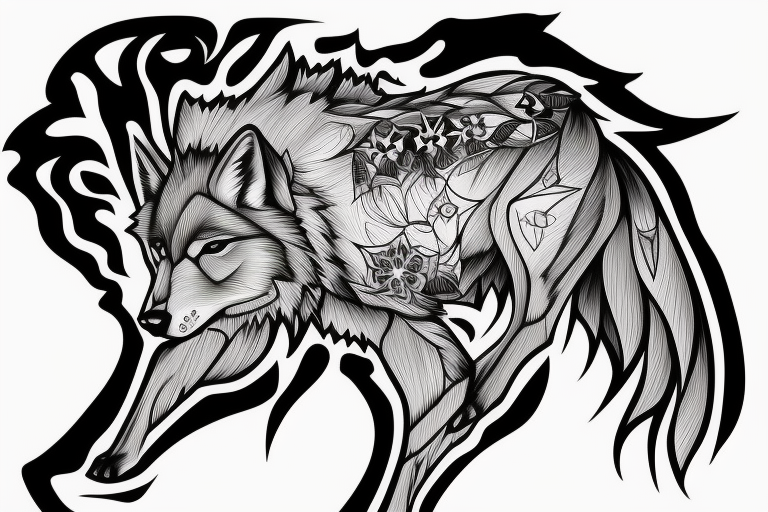 sophisticated wolf combined with nature , shining moon in the background  --v 5 one object in result tattoo idea