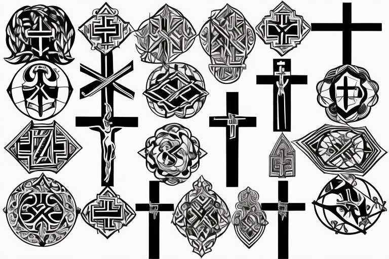 3 Christian Crosses like on calvary in the bible. With Geometric designs radiating around them. Back Tattoo tattoo idea