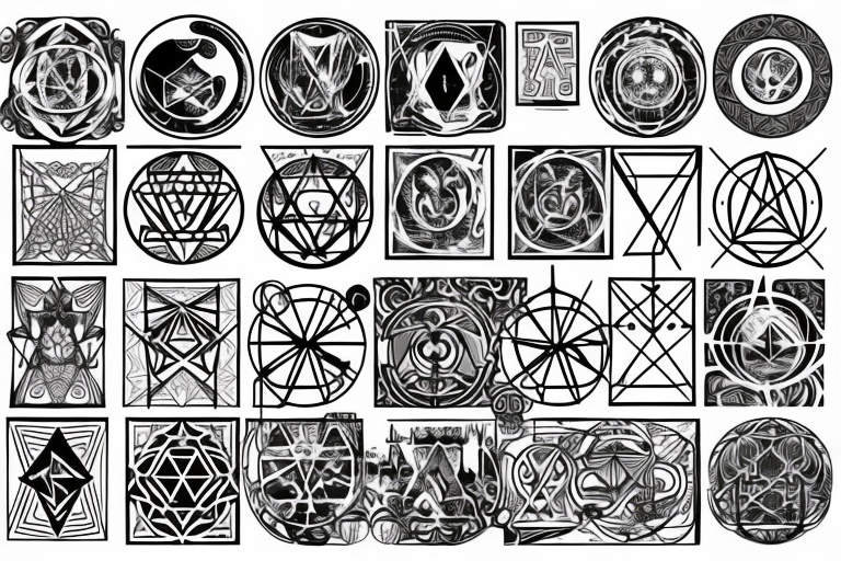 Evil looking alchemist surrounded with ancient alchemy symbols and sacred geometry tattoo idea