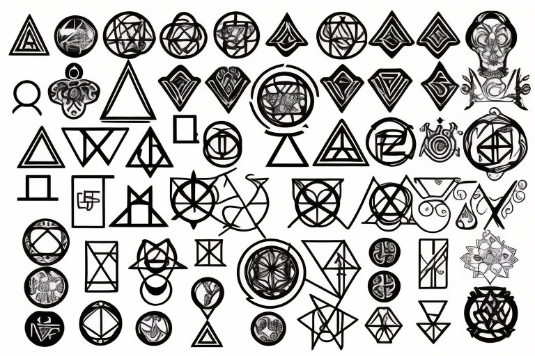 an alchemist surrounded with ancient alchemy symbols and sacred geometry tattoo idea