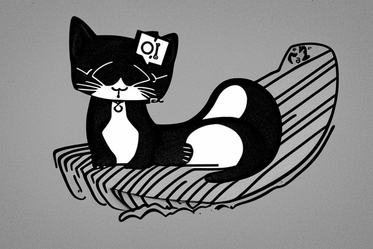 a small tuxedo cat, loafing on a surfboard that's catching a wave tattoo idea